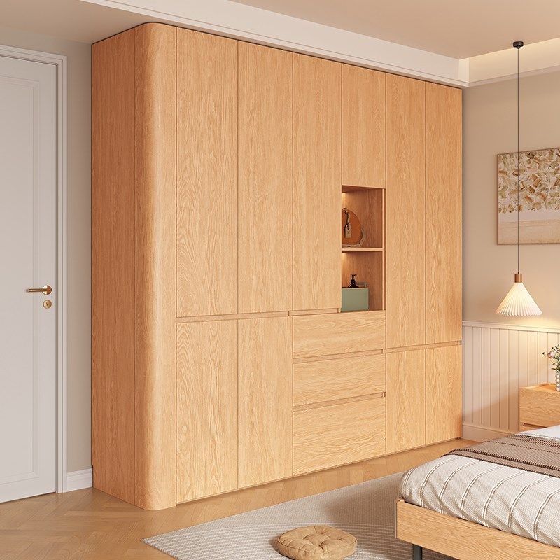 定制实木分段式圆弧衣柜简约现代家用卧室橡木色组合收纳储物衣橱