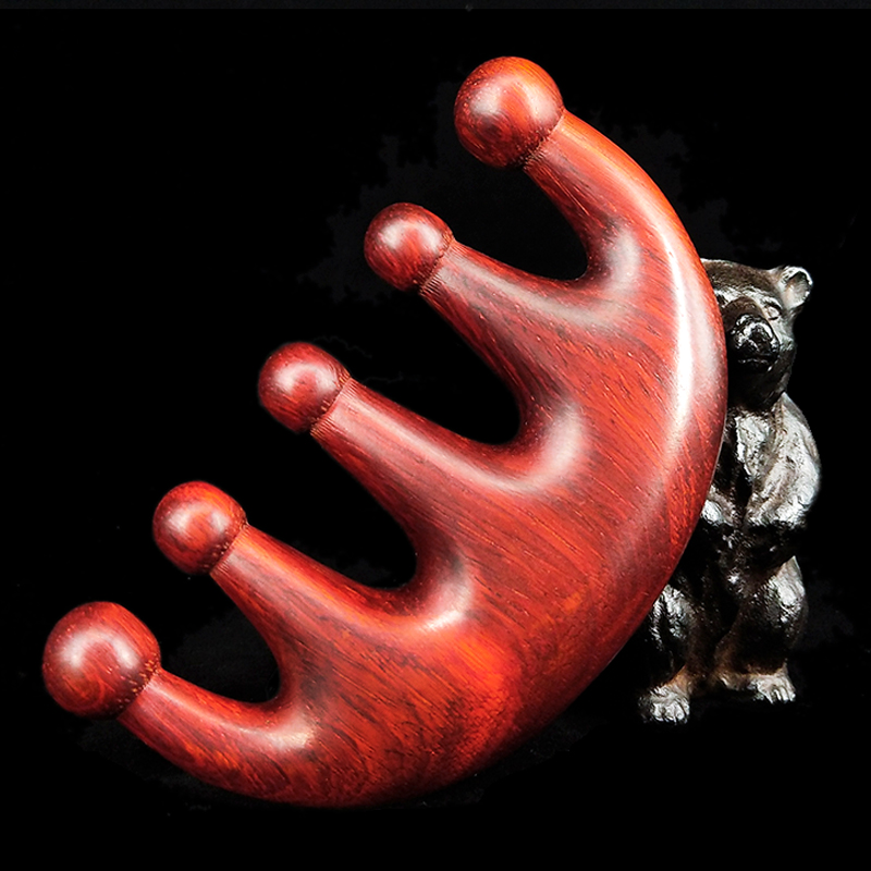 大圆珠经络按摩梳紫檀木5齿头部按摩梳头疗梳宽齿小梳子