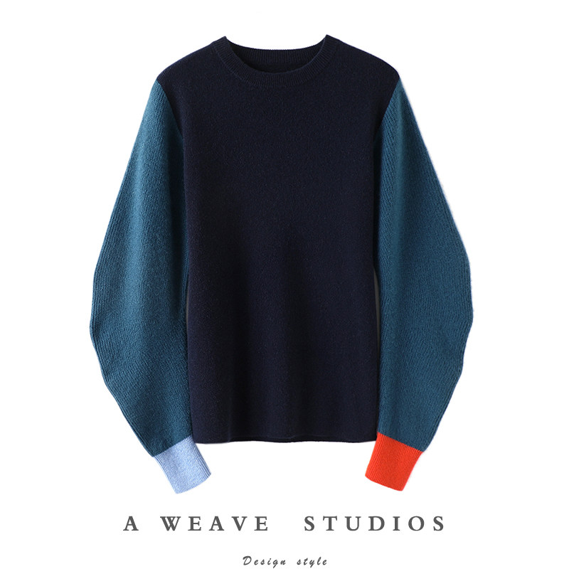 气质!发自内心的喜欢!撞色弯刀袖修身羊绒衫女圆领纯羊绒毛衣厚,女装/女士精品,羊绒衫,淘宝优惠券,粉丝福利购,淘宝优惠卷