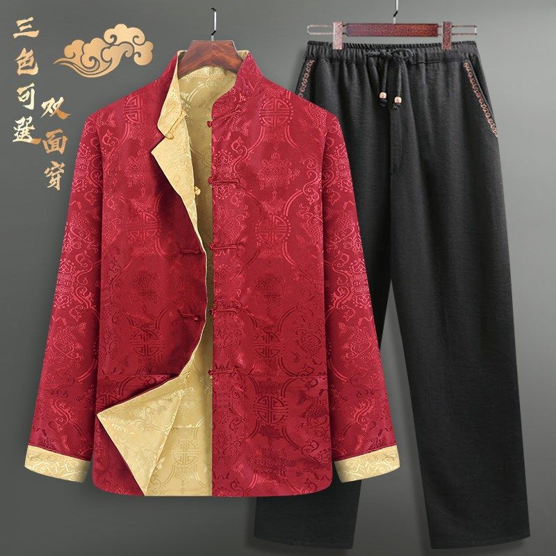 中国风男装春秋装外套唐装男中老年长袖双面穿夹克中式复古爸爸装