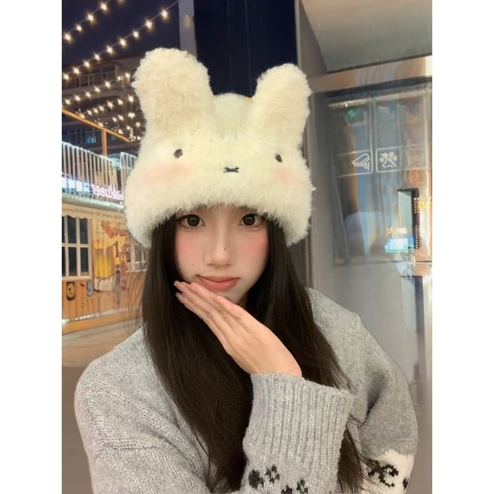 2025新款可爱兔耳朵毛绒帽子女冬季保暖防寒护耳显脸小卡通针织帽