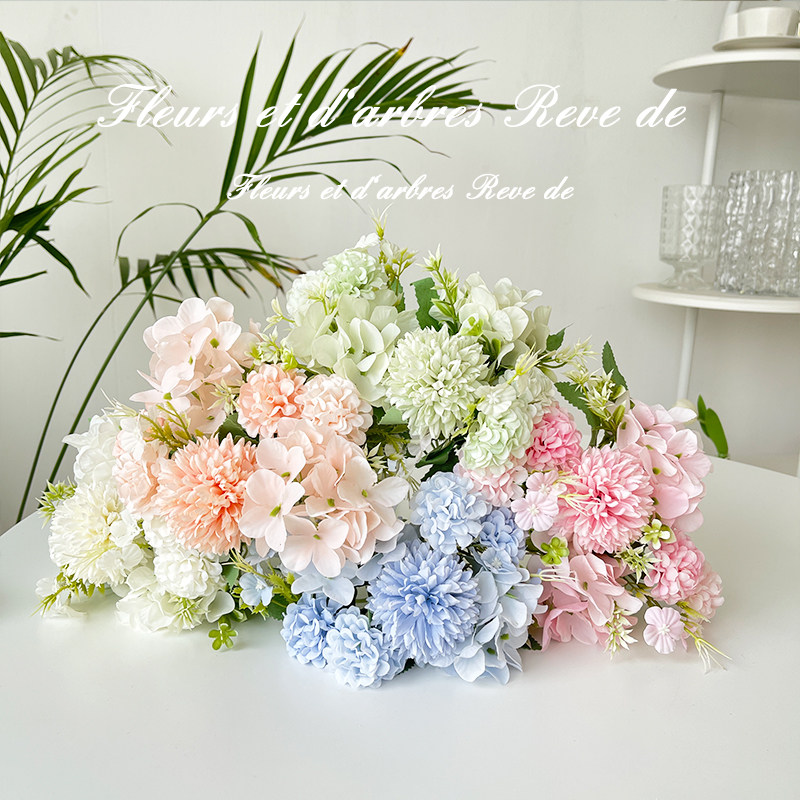 速发假花仿真花束拉丝玫瑰绣球绢花塑料花干花手捧花婚庆家居摆设