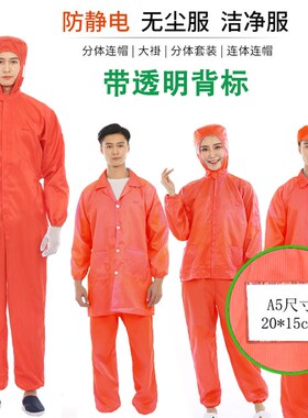 速发无尘服橙色连体静电衣分体带帽防尘有透明口袋背标工作服橘红