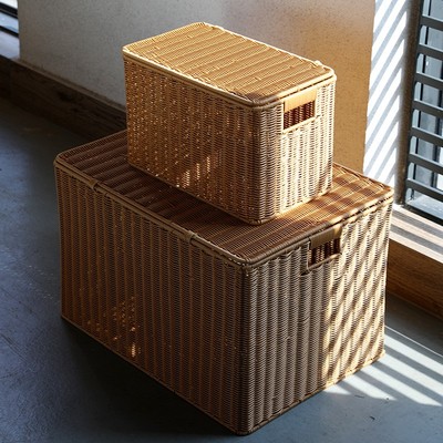 速发欧式收整衣卧室带盖衣物纳理箱 仿藤编织箱有盖收纳筐箱柜储