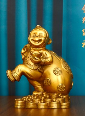 速发开运铜铜猴子二件猴十摆生肖猴摆设纯猴摆件背钱袋福猴