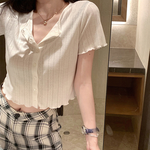 速发法式温柔薄款针织开衫夏腰高短款bm泫雅风T恤镂空上衣