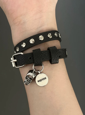 27Usr 哥特骷髅吊坠项圈黑色铆钉手环颈环两戴朋克百搭皮革choker