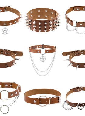27Usr 咖色皮革链条朋克choker酷帅个性中性项圈情侣颈饰锁骨链