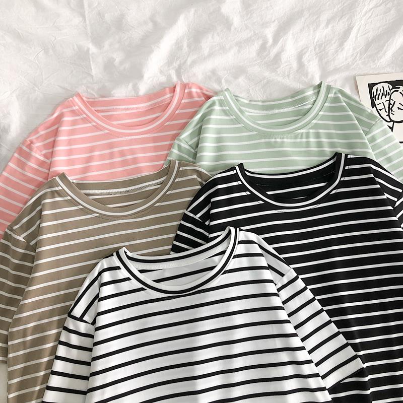 T Shirt Women Solid Color Striped Punk T-shirt O-Neck Casual