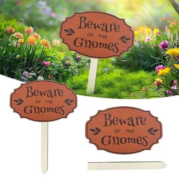 Beware of Gnomes Sign Ground Plug Wooden Handmade Warning