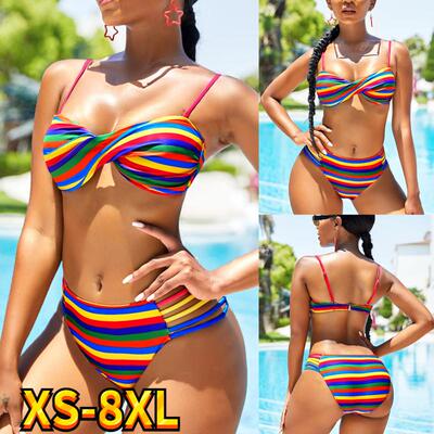 Women Rainbow Print High-Waist Bikini Sets Swimsuit Female S