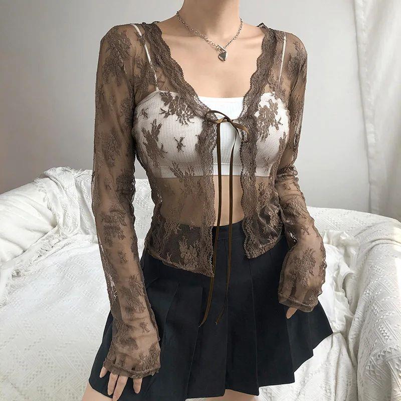 Women Sexy See Through Cardigans Y2K Long Sleeve Lace Mesh L