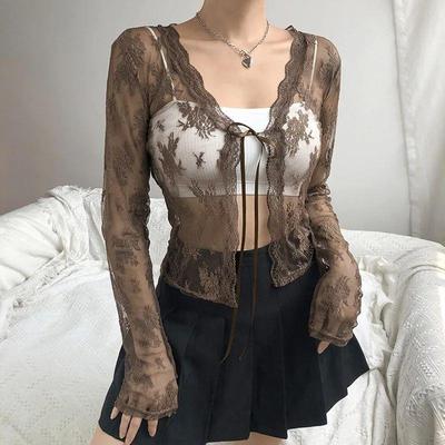 Women Sexy See Through Cardigans Y2K Long Sleeve Lace Mesh L