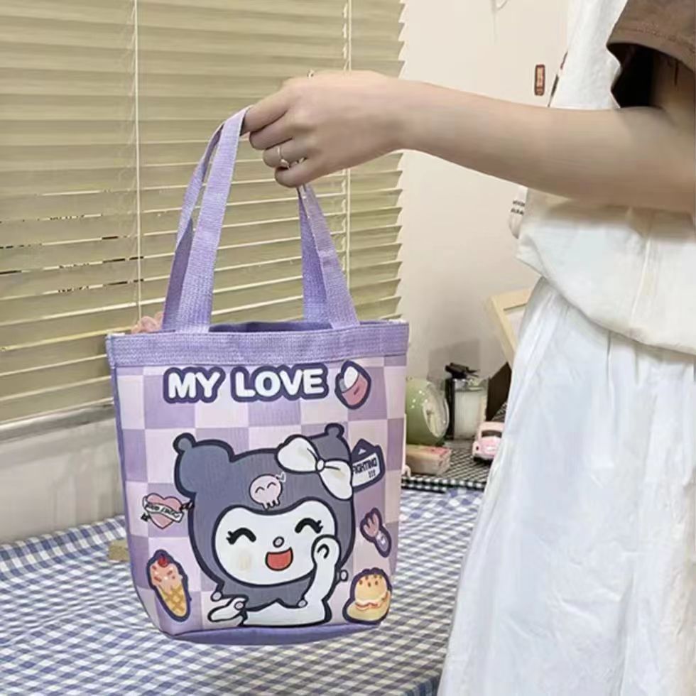 可爱涂鸦水桶包ins印花圆筒包帆布便当袋韩风少女手拎饭盒妈咪包