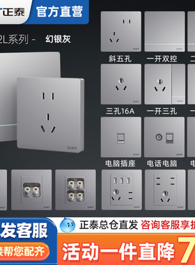 正泰开关插座面板家用大板墙壁86型暗装带五孔10a超薄钢架2L灰色