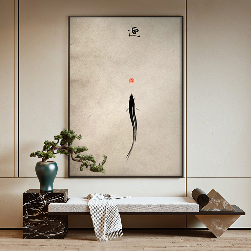 新中式水墨游鱼装饰画客厅玄关铝合金挂画书房背景墙定制竖版壁画图片