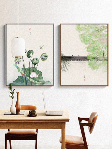 新中式竖版茶室装饰画二十四节气客厅书房背景墙壁画民宿三联挂画