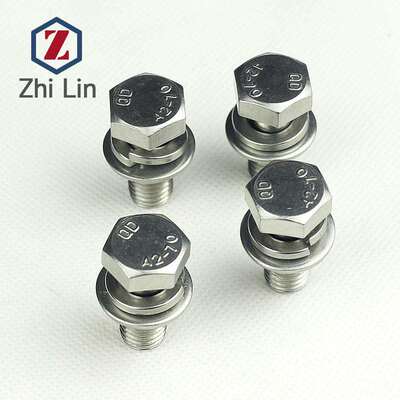 M8 不锈钢304切边平脑外六角三组合螺栓 平垫弹垫螺丝套索 GB9074