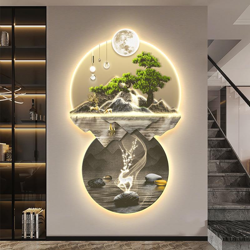 新中式玄关装饰画迎客松入户走廊过道挂画大气led灯画正对门壁画