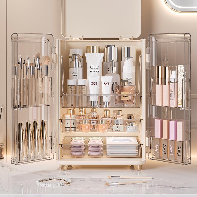 收纳盒收纳盒桌面防尘护肤品置物架梳妆台双开门置物大容量化妆柜