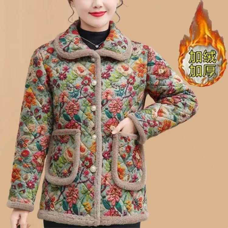 妈妈加绒衬衫领外套中老年女装秋冬短款棉衣灯芯绒轻薄保暖小棉袄
