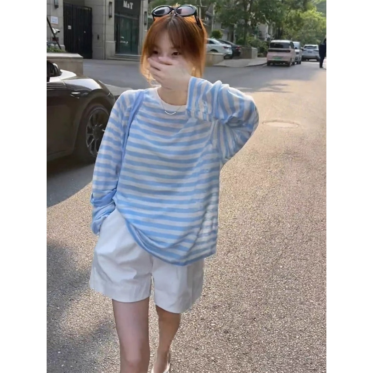 蓝色条纹防晒罩衫女夏薄款韩版气质凉感冰丝长袖T恤宽松外搭上衣