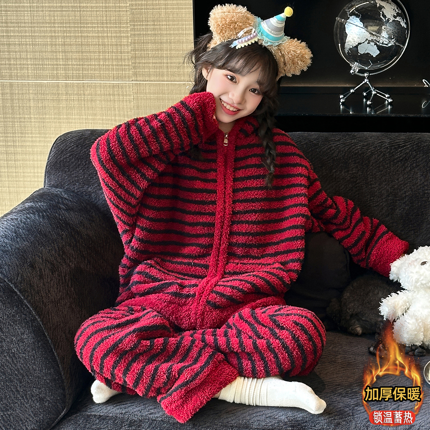女童秋冬款加厚珊瑚绒睡衣套装潮