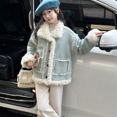 女童冬装加绒加厚皮毛一体外套潮