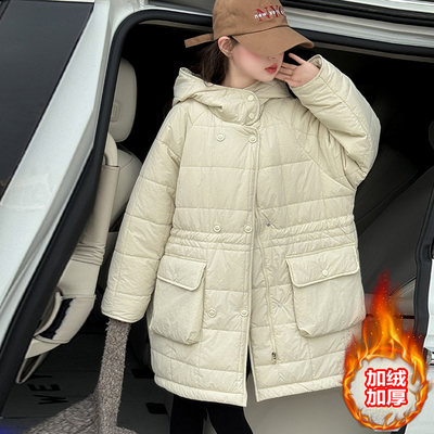 女童冬款加绒加厚中长款棉服外套