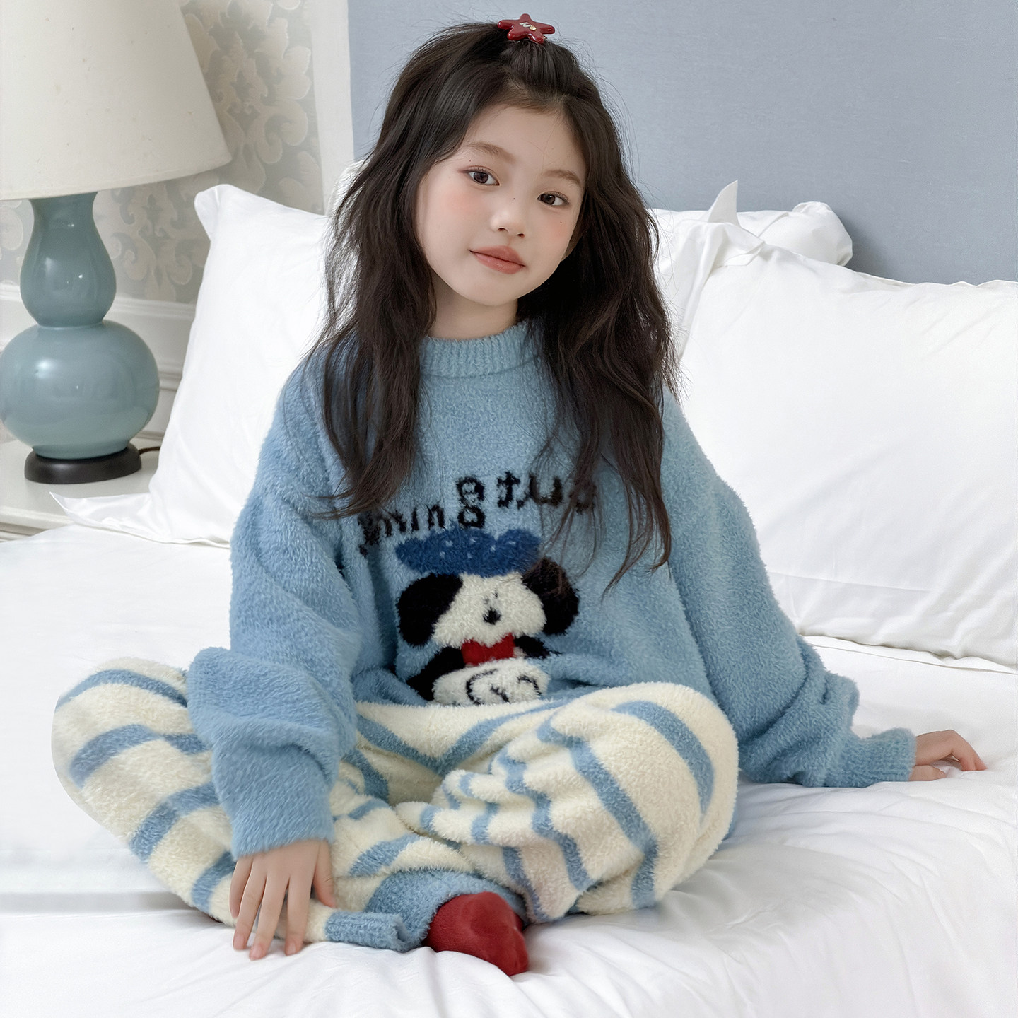 女童冬季加绒睡衣加厚家居服套装