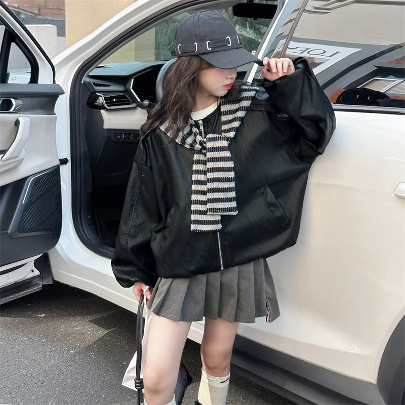 儿童装女童秋装皮衣外套2025新款中大童女孩春秋款休闲毛线领夹克