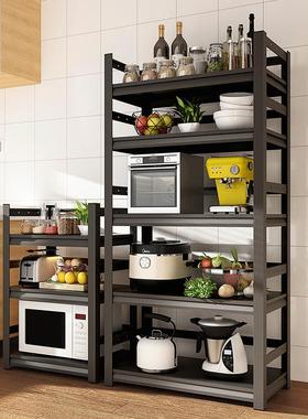 黑色带轮子厨房置物架烤箱微波炉落地多层收纳架客厅碳钢储物架子