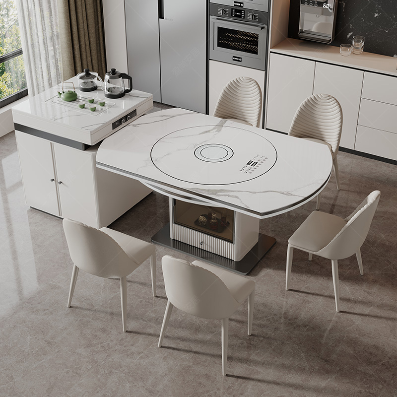 岛台餐桌椅组合家用轻奢多功能电磁炉内嵌转盘泡茶一体可伸缩圆形