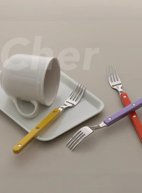 【韩国原单】韩式Cher茶叉食品级304不锈钢PC手柄小叉甜品叉餐具