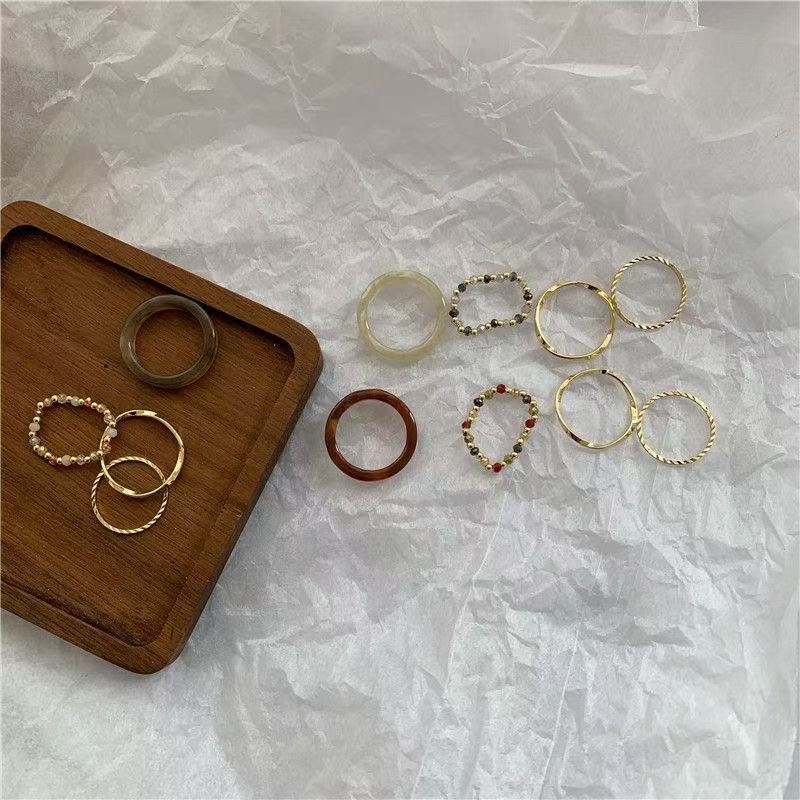 【一套四只】叠戴复古指环套装树脂铜水晶戒指超气质女