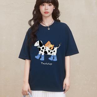 新款 桃气商店 2025夏季 美式 女潮流宽松纯棉T恤 复古斑点狗印花短袖
