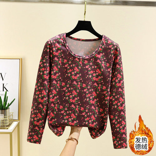 德绒圆领碎花上衣女冬大码加绒保暖秋衣中老年内穿加厚防寒打底