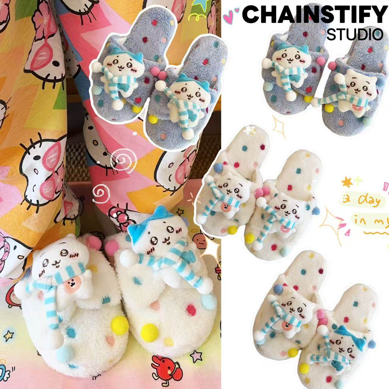 可爱围巾小八Chiikawa冬季拖鞋吉伊卡哇学生宿舍居家室内毛绒拖鞋