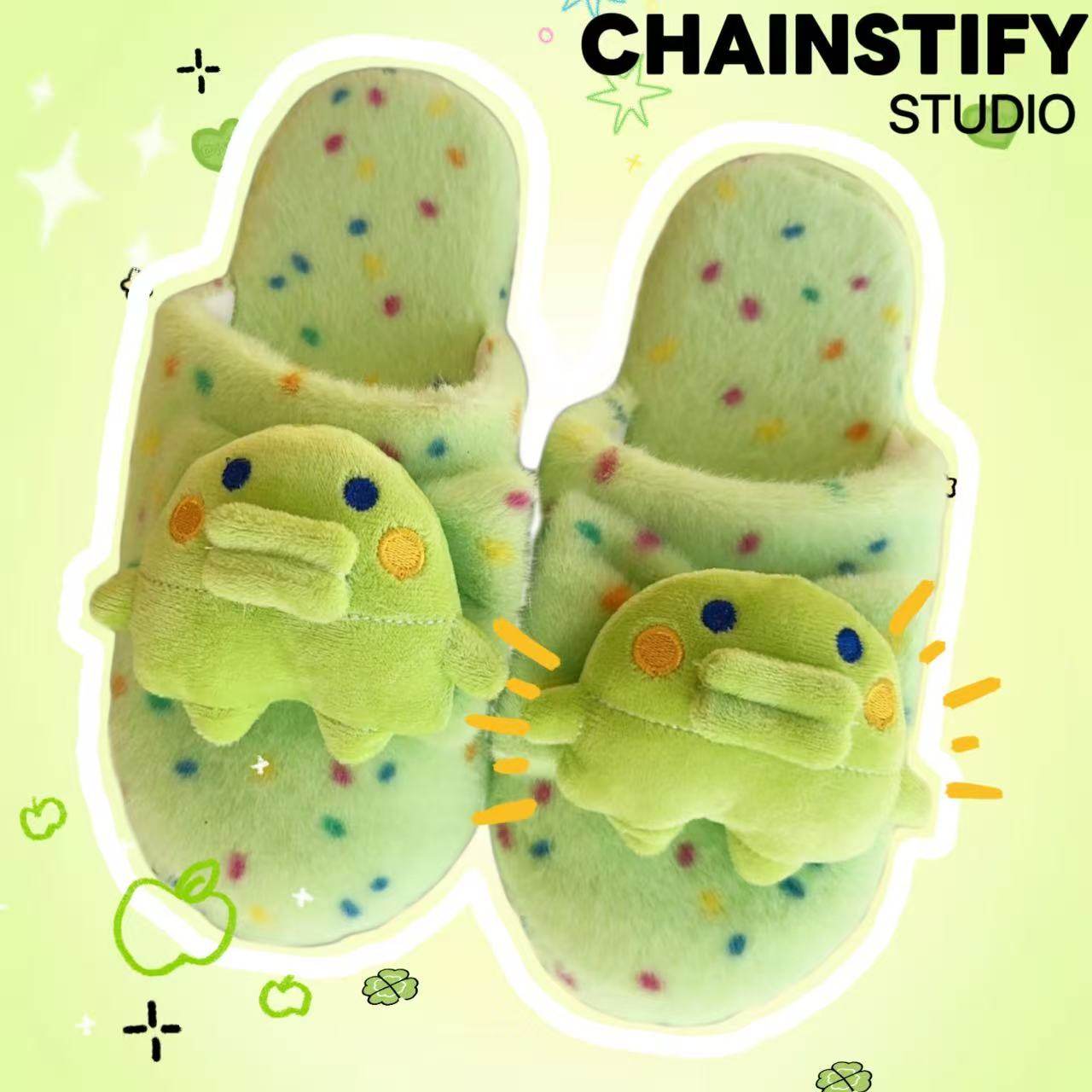 绿色大嘴吉室内居家拖鞋可爱卡通拓麻歌子毛毛拖鞋软底多巴胺冬季