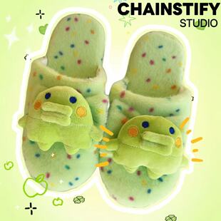 软底多巴胺冬季 绿色大嘴吉室内居家拖鞋 可爱卡通拓麻歌子毛毛拖鞋