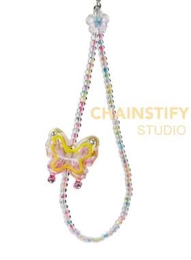 韩版复古多巴胺黄橙色渐变卡通蝴蝶糖果色亚克力透明串珠手机链