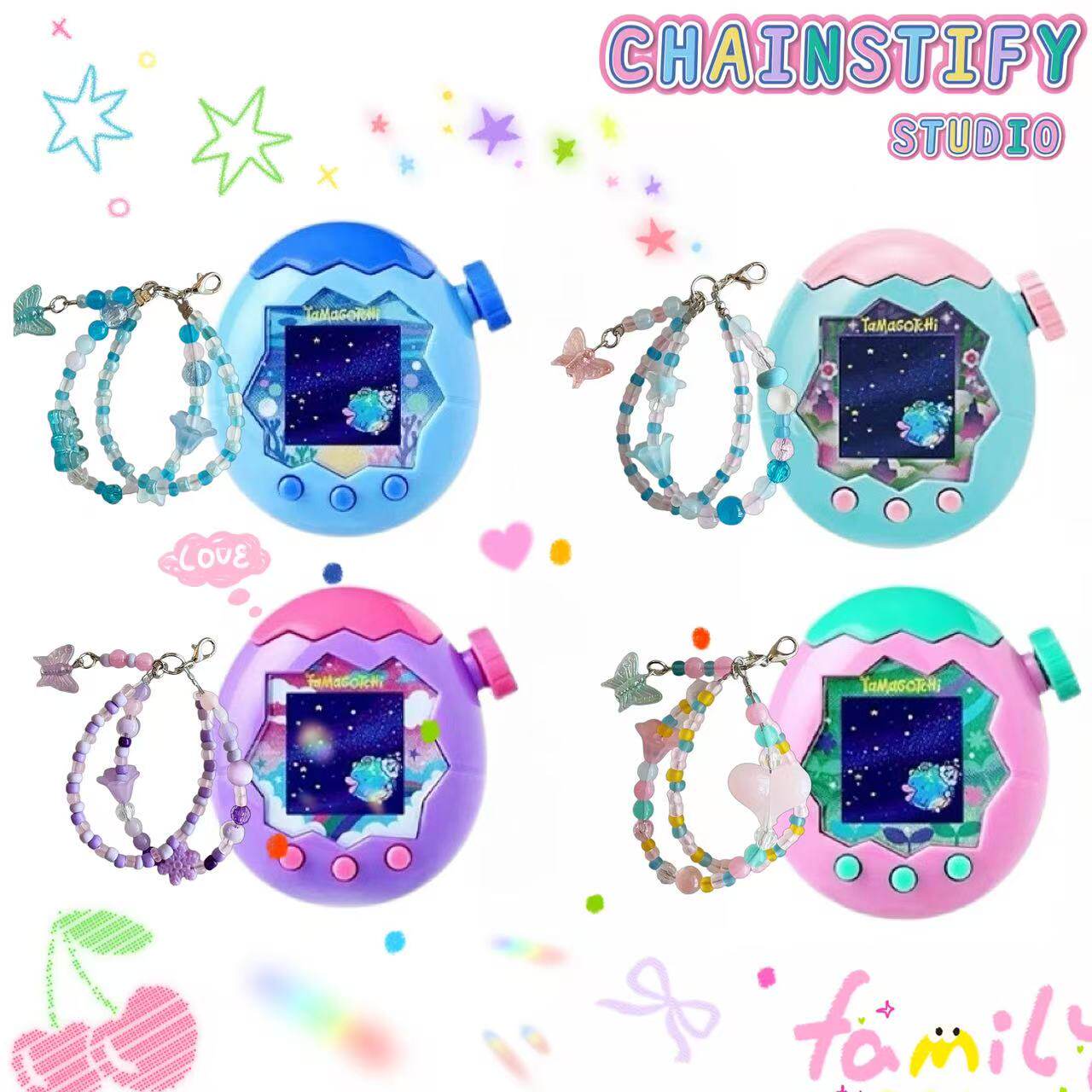 拓麻挂件串珠手机链树脂手机挂件拓麻歌子吊坠多巴胺蝴蝶花朵双链