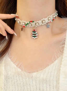 甜美毛绒圣诞树choker流苏项链