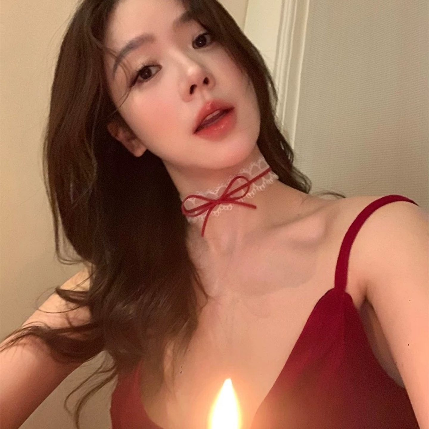 蕾丝酒红蝴蝶结项链圣诞饰品