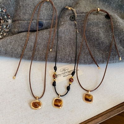 虎眼石编织皮绳项链可调节