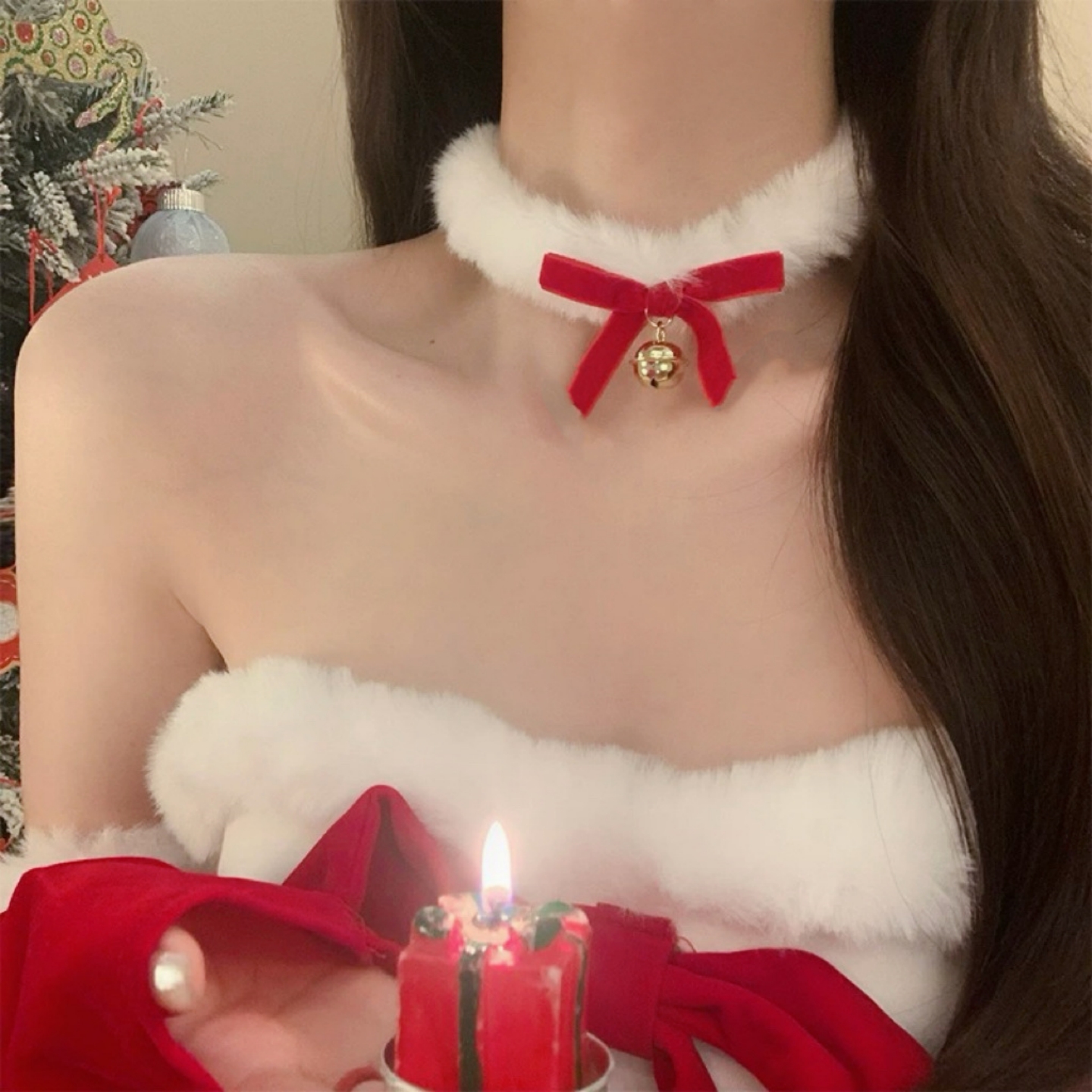 甜欲毛绒蝴蝶结铃铛项链秋冬配饰