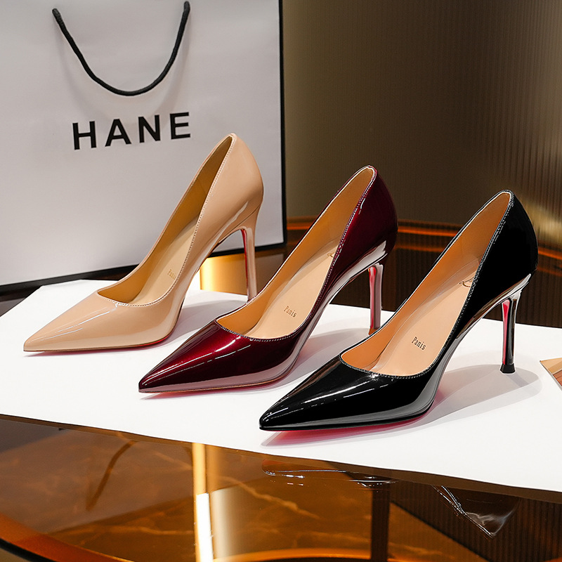 新款欧美CL红底鞋性感尖头高跟鞋侧空细跟单鞋黑色浅口女鞋10公分
