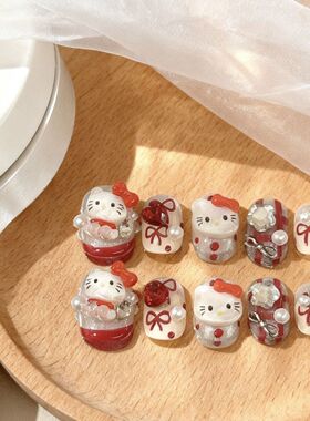 纯手工儿童穿戴甲女童美甲新年节穿戴甲kitt猫可爱红色显白蝴蝶结