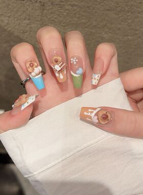 纯手工儿童穿戴甲女童美甲纯手工穿戴甲可爱卡皮巴拉土拨鼠糖果色