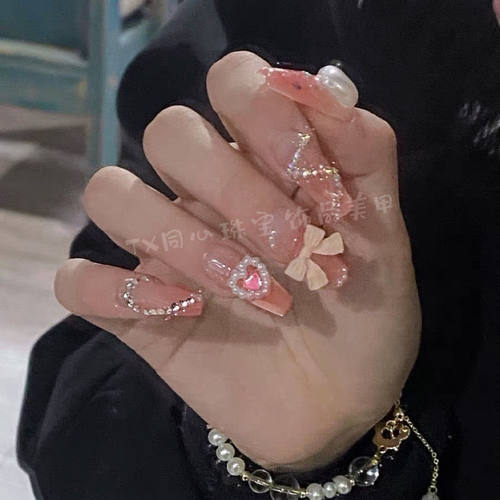 手工儿童穿戴甲女童裸色甜妹公主风蝴蝶结美甲贴片指甲穿戴甲成品
